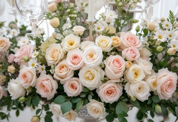 Obraz premium Elegant floral arrangement event venue photography indoor setting close-up view wedding decor inspiration