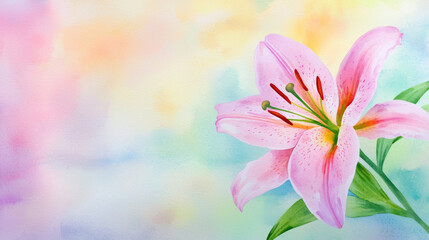 Charming pastel watercolor of pink lily flower with soft background hues, evoking sense of tranquility and beauty. Perfect for floral art lovers