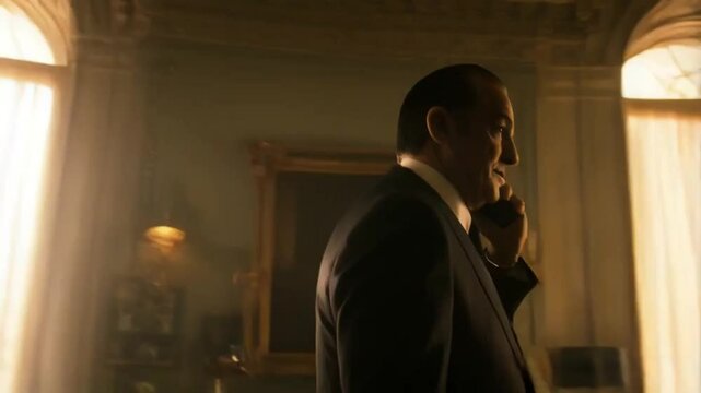 A handsome Italian godfather angry boss man in corporate office CEO manager is talking over phone in a Hollywood movie scene in his office.