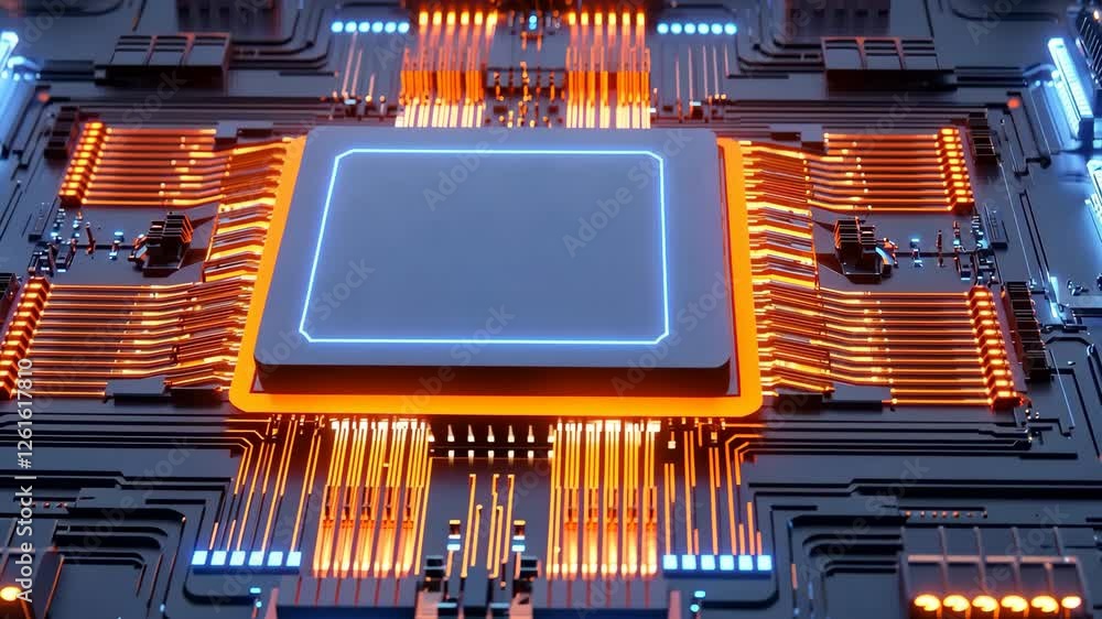 Poster glowing microchip on circuit board with vibrant orange and blue lights showcasing advanced technolog