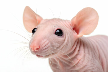 A hairless ugly rat with pink skin sitting on a white background showing its unique features in a close up portrait