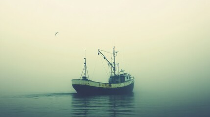 Naklejka premium A fishing boat navigates through thick fog on a calm water surface.