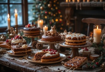 Festive cake display cozy home setting food photography warm atmosphere close-up holiday celebration
