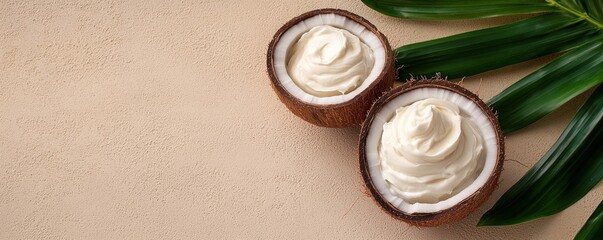 Natural Skincare Concepts. Coconut bowls filled with cream and surrounded by green leaves.