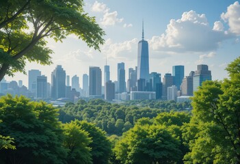 Obraz premium Urban landscape view of new york city skyline surrounded by lush greenery daylight panoramic perspective city life