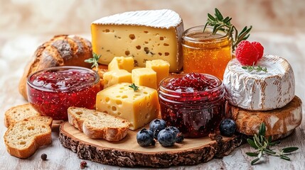 A vibrant cheese platter featuring various cheeses, jams, and bread, set on a rustic wooden board