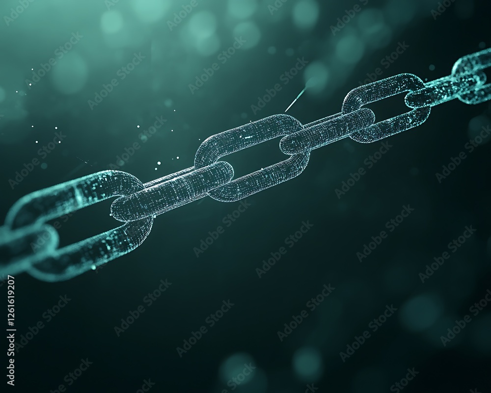 Poster a digital ledger visualized as an infinite chain, represented in a unique graphic format.