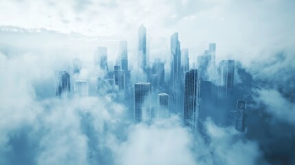 Fototapeta premium Aerial view of a city skyline shrouded in fog, creating a mysterious atmosphere, with skyscrapers emerging