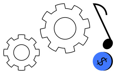 Two black gears, black musical note, and blue dollar sign circle. Ideal for themes of productivity, finance, creativity, business synergy, innovation artistic process teamwork. An abstract line