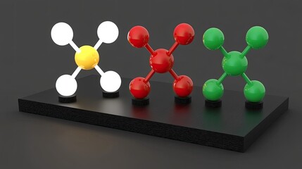 Colorful molecular models displayed on a black platform, showcasing scientific concepts in a lab setting