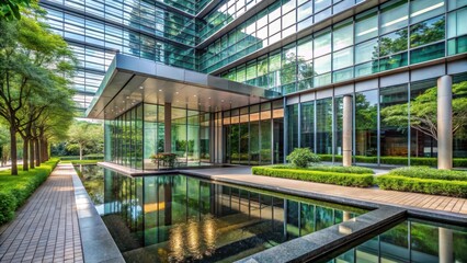 Fototapeta premium Modern entrance building with sleek glass and steel facade, surrounded by lush greenery and water features , green surroundings, financial institution