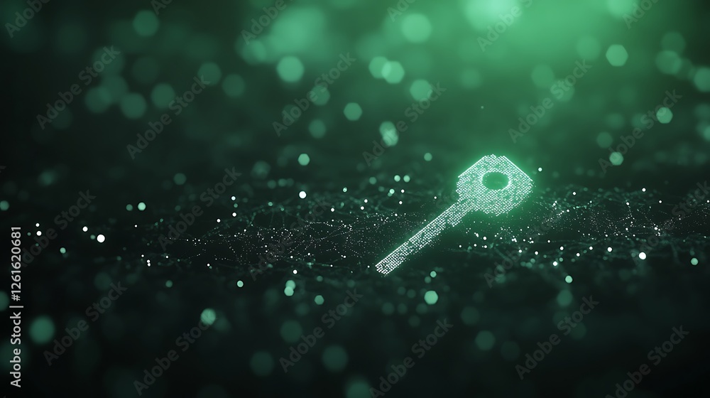 Poster a cybernetic key floats in a dark digital landscape, symbolizing technology and mystery in a futuris
