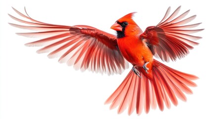 Obraz premium A vibrant red cardinal in mid-flight, showcasing its striking plumage and graceful wings.
