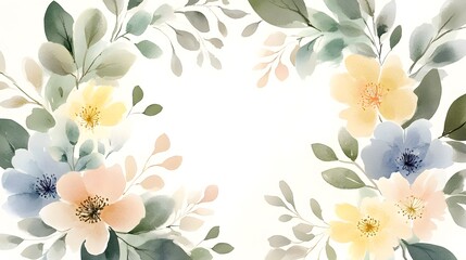 Watercolor floral frame featuring delicate pastel colors and greenery