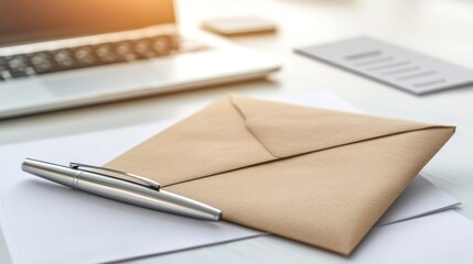 A Beige Envelope and Pen Resting on White Papers Near a Laptop