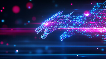 Digital Dragon Polygonal Artwork Glowing in the Dark with Abstract Light Streaks and Bokeh Effects