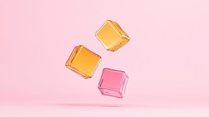 Colorful transparent ice cubes floating against a soft pink background, creating a playful atmosphere