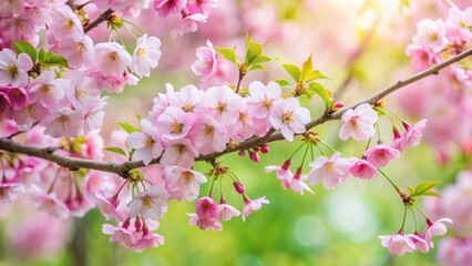Fototapeta premium Soft pink cherry blossoms sway gently in the spring breeze amidst lush green foliage and curved branches of a blooming cherry tree , tree, pink flowers