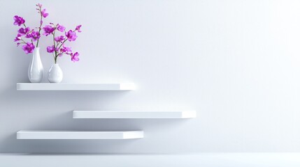 Obraz premium White shelves with purple orchids, minimalist interior, empty wall, product display
