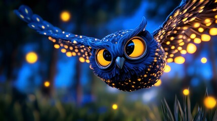 Obraz premium Enchanting Blue Owl with Bright Eyes Flying in a Magical Forest