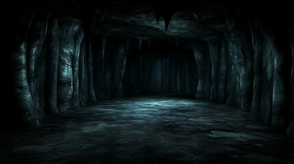 Fototapeta premium Dimly Lit Mysterious Stone Cavern Featuring Stalactites and a Cracked Floor in Shadowy Ambiance
