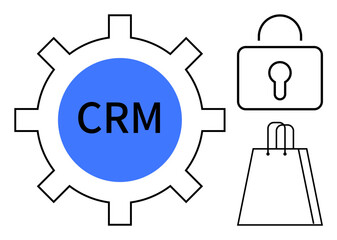 CRM gear, padlock, and shopping bags. Ideal for business, customer management, security e-commerce marketing sales and technology. Line metaphor. Simple line icons