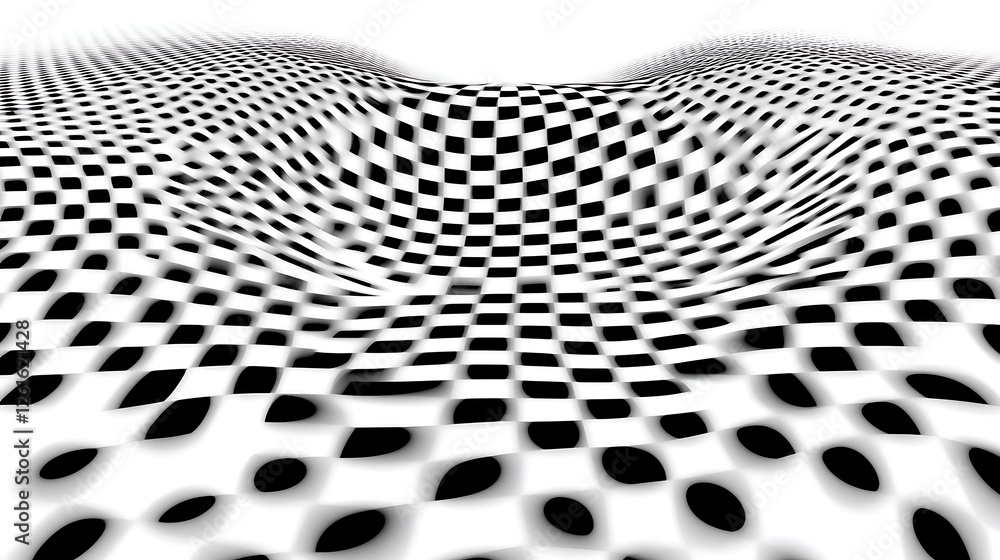 Poster distorted checkerboard pattern abstract illusion art black and white optical curve design element