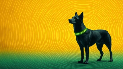 Black Dog with Luminous Collar Against Vibrant Yellow Background