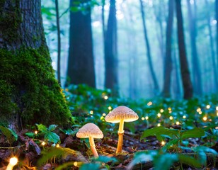 A magical forest with glowing mushrooms, bioluminescent plants, and a soft mist creating an enchanting, otherworldly landscape.
