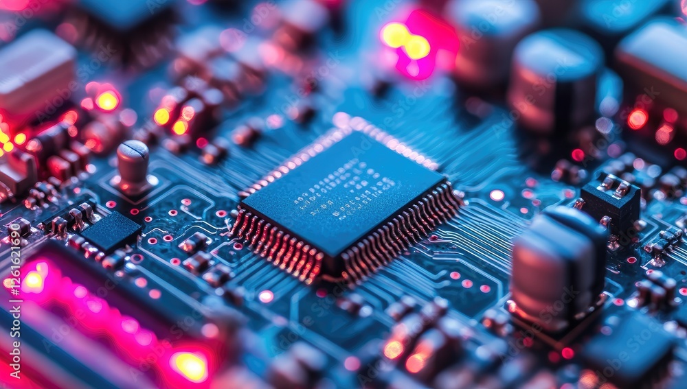 Poster Closeup circuit board chip with illuminated components