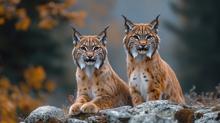 Obraz premium Two Lynxes Sitting on Rocks in Autumn Forest