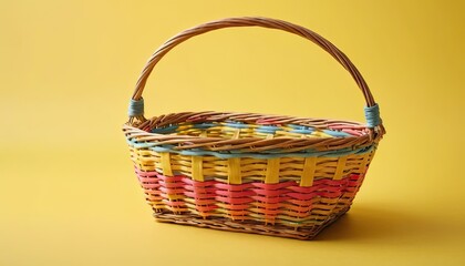 a woven basket made from natural materials, most likely rattan or bamboo. This basket has a round shape with an open top and a curved handle at the top