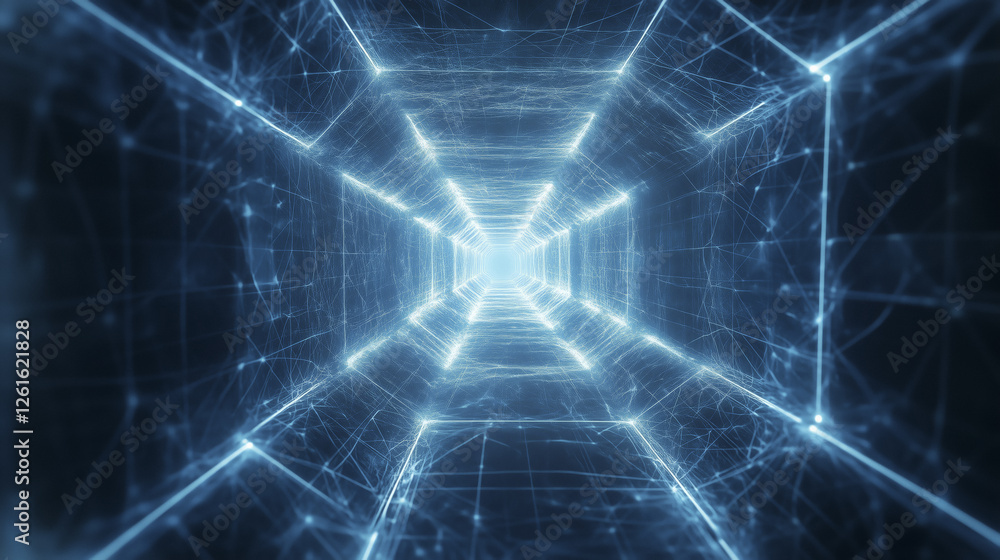 Poster glowing digital tunnel with interconnected lines and nodes creates futuristic and immersive atmosphe