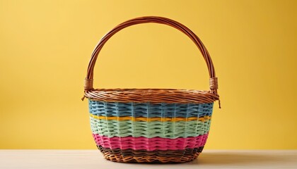 a woven basket made from natural materials, most likely rattan or bamboo. This basket has a round shape with an open top and a curved handle at the top