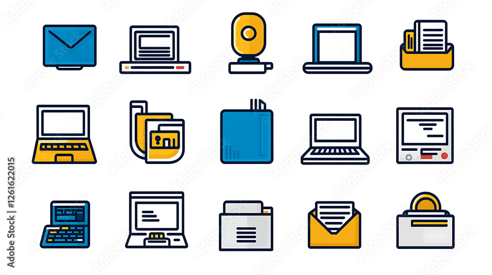 Poster diverse collection of technology icons representing communication and information processing concept