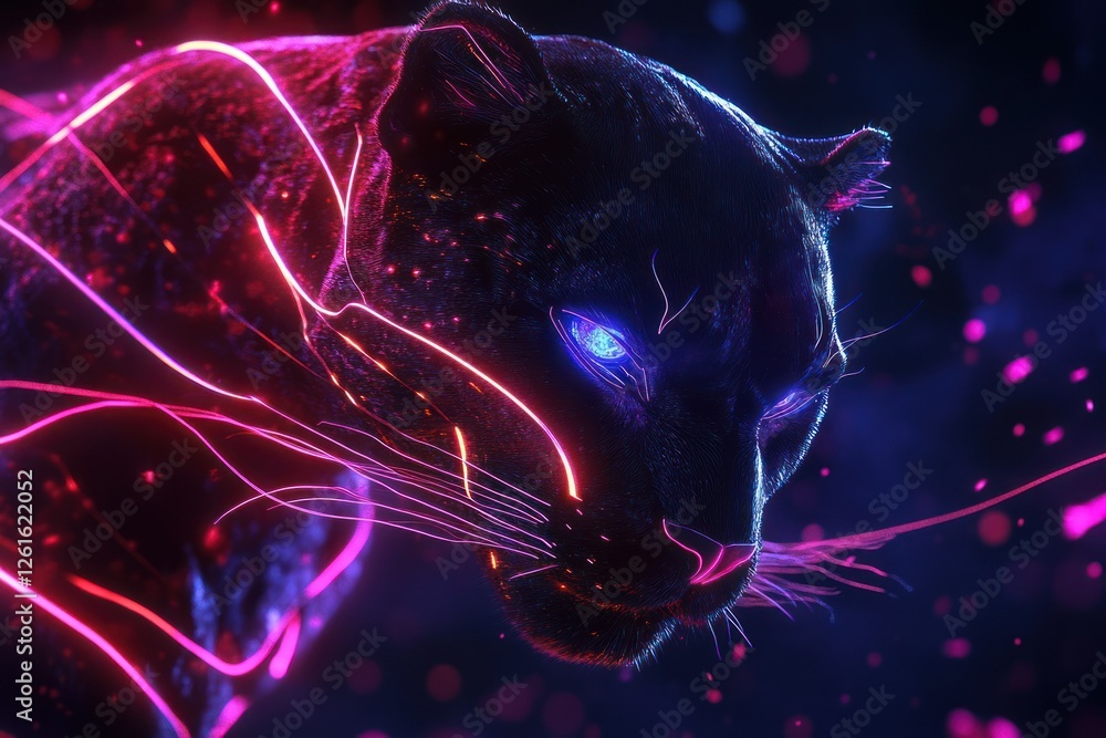 Poster a hyper-detailed 4k digital wallpaper of a black panther illuminated by neon plexus lines on a dark 