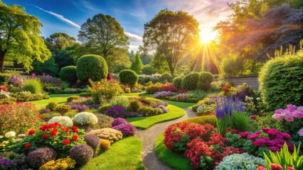 Obraz premium Vibrant flowers and lush greenery in a beautifully designed garden with vibrant colors and blooming flowers amidst the warm sun in spring and summer , floral arrangement, botanical garden