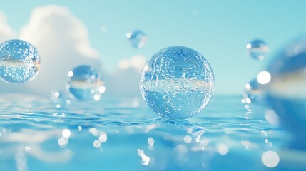 Floating transparent spheres above a shimmering blue water surface under a clear sky with clouds