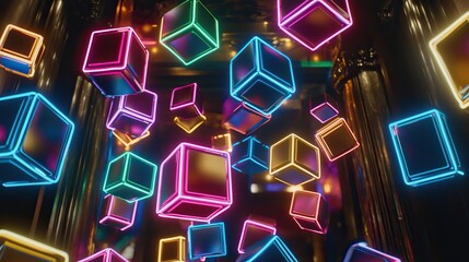 Vibrant neon cubes floating in a futuristic setting, illuminated by colorful lights, creating a dynamic atmosphere