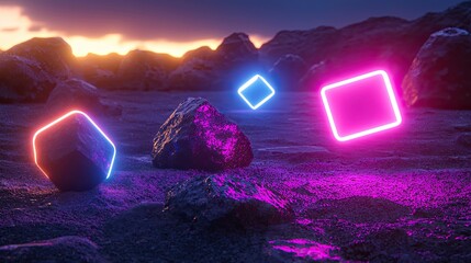 Vibrant neon geometric shapes glowing on rocky terrain at sunset, creating a surreal atmosphere