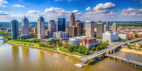 Naklejka premium Aerial view of downtown Louisville with the Ohio River flowing through it, showcasing historic buildings and skyscrapers along the riverfront , downtown, louisville