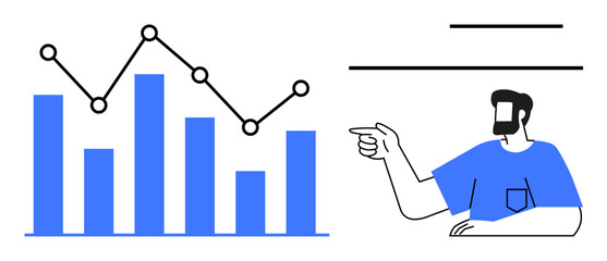 Man pointing at bar graph and line chart. Ideal for business analytics, data presentation, financial analysis, growth strategies, corporate reporting, educational purposes, project planning. Abstract