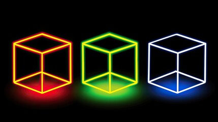 Colorful neon geometric shapes glowing against a dark background, creating a vibrant visual effect