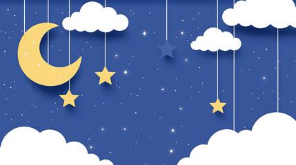 Dreamy Night Sky with Moon Stars and Clouds in Cartoon Style for Kids Room Wallpapers Posters