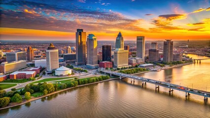 Aerial view of downtown Louisville on the Ohio River at sunset, buildings, atmosphere,  buildings, atmosphere