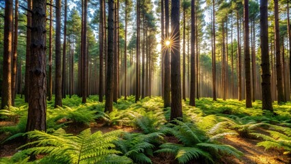A dense pine forest with tall trees and a carpet of ferns