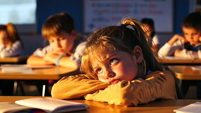 Children in a quiet classroom show signs of fatigue and lack of engagement.