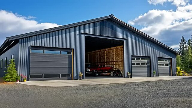 Modern storage facility with open garage doors revealing vehicles, surrounded by trees and clear skies