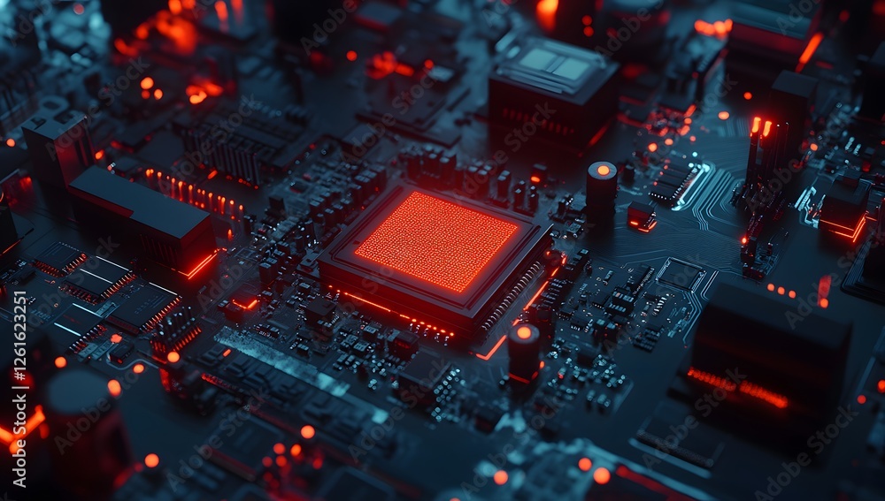 Aufkleber red glowing cpu on circuit board close-up