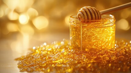 Golden honey dripping from a wooden dipper into a jar surrounded by sparkling honey droplets